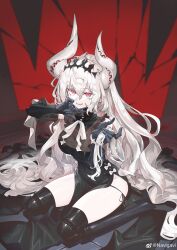 Rule 34 | 1girl, absurdly long hair, absurdres, black dress, black gloves, breasts, chinese commentary, commentary request, commission, demon horns, doll joints, dress, elbow gloves, gloves, grey hair, hair between eyes, highres, holding, holding own hair, horns, joints, jun (navigavi), large breasts, long hair, looking at viewer, neck ribbon, open mouth, original, panties, pelvic curtain, pink eyes, ribbon, see-through cleavage, see-through clothes, sharp teeth, side-tie panties, side-tie peek, sitting, skeb commission, sleeveless, sleeveless dress, smile, solo, string panties, teeth, tiara, underwear, very long hair, wariza, watermark, weibo watermark, white horns, white ribbon