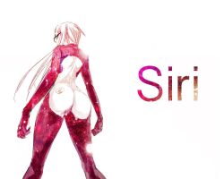 1girl 88_(488) apple_inc. ass bodysuit female_focus from_behind glasses legs logo long_hair personification purple_hair siri solo