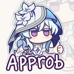 1girl absurdres blue_hair blue_veil chibi chibi_only colored_eyelashes commentary english_commentary flareza highres light_blush long_hair no_mouth purple_eyes shorekeeper_(wuthering_waves) solo thumbs_up twitter_username two-tone_veil veil white_veil wuthering_waves