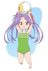 Rule 34 | 1girl, armpits, ball, beachball, blue eyes, bluearcadegames, bow, breasts, feet, green one-piece swimsuit, highres, hiiragi kagami, holding, holding ball, holding beachball, long hair, lucky star, one-piece swimsuit, open mouth, pink bow, purple hair, star (symbol), swimsuit, thighs, transparent ball, twintails, white background