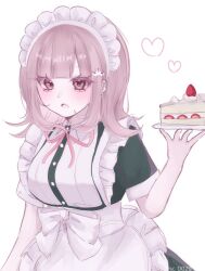 1girl :o apron black_dress blush breasts brown_hair cake danganronpa_(series) danganronpa_2:_goodbye_despair dress food frills heart highres holding holding_plate large_breasts maid maid_apron maid_headdress medium_hair nanami_chiaki neck_ribbon pink_eyes pink_ribbon plate ribbon short_sleeves simple_background white_apron white_background xiang_gong