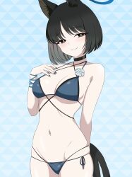 1girl absurdres alternate_costume animal_ears arm_behind_back bikini black_choker black_hair blue_archive blue_bikini blue_nails blush breasts cat_ears cat_girl cat_tail choker cleavage closed_mouth commentary grey_eyes highres kikyou_(blue_archive) kikyou_(swimsuit)_(blue_archive) kuro_hopper large_breasts multiple_tails navel parted_bangs short_hair smile solo stomach swimsuit tail two_tails