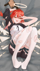 1girl :d absurdres arknights arms_up bare_shoulders black_shorts chinese_commentary commentary exusiai_(arknights) exusiai_the_new_covenant_(arknights) full_body halo highres knees_up looking_at_viewer lying medium_hair no_shoes on_back open_mouth red_hair shorts smile solo tabula_rasa_(user_mvre4483) thigh_strap thighhighs torn_clothes torn_shorts torn_sleeves torn_thighhighs traditional_halo w white_halo white_thighhighs yellow_eyes
