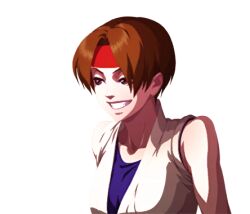 Rule 34 | 1girl, breasts, brown eyes, brown hair, dougi, female focus, hairband, karate gi, medium breasts, pale skin, shirt, smile, smiley face, the king of fighters, yuri sakazaki