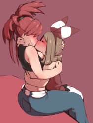 2girls absurdres age_difference ass back bare_shoulders belt blush bow_hairband breasts brown_hair closed_eyes creatures_(company) denim flannery_(pokemon) game_freak hair_ribbon hairband half-closed_eyes highres hug jeans kiss may_(pokemon) midriff multiple_girls nintendo onee-loli pants pokemon pokemon_oras ponytail red_hair red_hairband red_ribbon ribbon sitting sleeveless striped sweat umonebi yuri