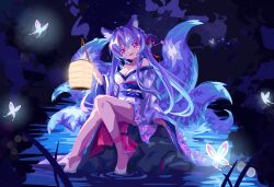 1girl :d absurdres adapted_costume animal_ear_fluff animal_ears bare_shoulders barefoot black_bow blue_hair bow braid breasts bug butterfly cleavage commentary crown_braid english_commentary evanhehehe extra_ears eyes_visible_through_hair floating_hair floral_print floral_print_kimono fox_ears fox_girl fox_tail full_body glowing_butterfly hair_between_eyes hair_bow highres holding holding_lantern insect japanese_clothes kemonomimi_mode kimono kitsune knee_up knees_together_feet_apart kyuubi lake lantern large_breasts long_sleeves looking_at_viewer mixed-language_commentary multiple_tails night open_mouth outdoors print_kimono red_eyes ripples sidelocks sitting smile soaking_feet solo sorakado_ao summer_pockets tail tail_raised underlighting water white_butterfly white_kimono wide_sleeves