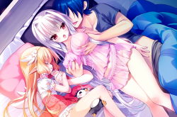 1boy 2girls bed blonde_hair blush breasts closed_eyes clothes_pull covered_erect_nipples flat_chest game_cg grabbing_another&#039;s_breast groping large_breasts legs long_hair lying mayoeru_futari_to_sekai_no_subete_love_heaven_300_percent multiple_girls on_side open_mouth pajamas panties pants pants_pull pillow pink_eyes silver_hair sleeping thighs underwear youta