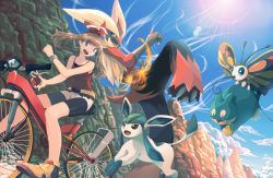10s 1girl absurdres bad_id bad_pixiv_id beautifly bicycle bike_shorts blaziken blue_eyes brown_hair creatures_(company) game_freak gen_3_pokemon gen_4_pokemon glaceon haruharu_(u-no_oekaki) highres may_(pokemon) mega_blaziken mega_pokemon munchlax nintendo open_mouth pokemon pokemon_(anime) pokemon_(creature) pokemon_oras ribbon