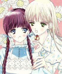 2girls blonde_hair braid cookie feeding floral_background food hair_ribbon highres holding holding_another&#039;s_wrist holding_cookie holding_food long_hair multiple_girls nui_nakato original red_hair ribbon twin_braids
