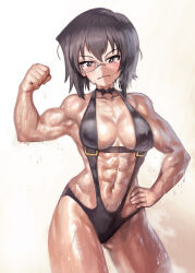 1girl abs biceps black_hair bow bowtie breasts brown_eyes cowboy_shot flexing girls_und_panzer glasses hand_on_own_hip kawashima_momo looking_at_viewer medium_breasts muscular muscular_female solo sweat swimsuit wavy_mouth yilx