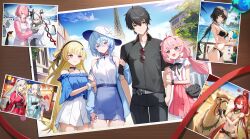 1boy 6+girls absurdres ahoge alternate_costume bikini black_bikini black_flower black_hairband black_pants black_shirt blake_bloom_(wuthering_waves) blonde_hair blue_hair blue_shirt blue_skirt blue_sky bow breasts camel camellya_(wuthering_waves) carlotta_(wuthering_waves) closed_mouth colored_eyelashes commentary_request danjin_(wuthering_waves) day encore_(wuthering_waves) eyewear_hang female_rover_(wuthering_waves) festival flower food hair_between_eyes hair_bow hair_flower hair_ornament hair_vines hairband hand_in_pocket hat highres holding holding_food jacket japanese_clothes jinhsi_(wuthering_waves) kimono large_breasts long_hair looking_at_viewer low_ponytail male_rover_(wuthering_waves) medium_breasts melreon multiple_girls obi off-shoulder_shirt off_shoulder outdoors pants parted_bangs phoebe_(wuthering_waves) pink_bow pink_hair pink_jacket pink_kimono pink_skirt ponytail purple_eyes red_hair rover_(wuthering_waves) sash shirt shorekeeper_(wuthering_waves) short_hair skirt sky smile striped_bow swimsuit taoqi_(wuthering_waves) unworn_eyewear white_hair white_hat white_jacket white_shirt white_skirt wuthering_waves x_hair_ornament yellow_eyes yinlin_(wuthering_waves)