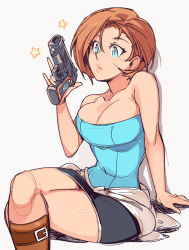 1girl almightychiru bare_shoulders black_skirt blue_eyes blue_tube_top breasts brown_hat capcom cleavage collarbone crossed_legs grey_background gun handgun hat holding holding_gun holding_weapon jill_valentine large_breasts miniskirt resident_evil resident_evil_3:_nemesis simple_background sitting skirt strapless tube_top weapon