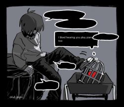 Rule 34 | 1other, birdcage, blank speech bubble, cage, commentary request, deltarune, english text, hat babo, highres, korean commentary, kris (deltarune), pants, shoes, short hair, soul (deltarune), speech bubble, spot color, sweater, utdr (toby fox), wagon