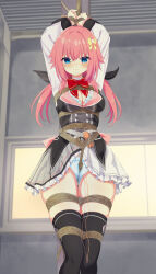 Rule 34 | 1girl, absurdres, arms up, bdsm, between legs, between thighs, black bow, black bowtie, black thighhighs, black vest, blue bra, blue eyes, blue panties, blush, bondage, bound, bound arms, bound legs, bound torso, bow, bowtie, bra, breasts, cleavage, clenched hand, clenched hands, clothes lift, collared shirt, commission, crotch rope, crying, crying with eyes open, embarrassed, female focus, grey skirt, hair between eyes, hair bow, hair ornament, hamidashi creative, hamuta (machosbrown), highres, indoors, jacket, lace, lace-trimmed bra, lace-trimmed panties, lace trim, large breasts, layered skirt, long hair, long sleeves, looking ahead, looking at viewer, looking down, open clothes, open jacket, open shirt, panties, pelvic curtain, pink hair, pleated skirt, pussy juice, red bow, red bowtie, sex toy, shirt, sidelocks, skeb commission, skin tight, skindentation, skirt, skirt lift, solo, tearing up, tears, thighhighs, thighs, tokiwa kano, twintails, underwear, vest, vibrator, vibrator cord, vibrator under clothes, vibrator under panties, wet, wet clothes, wet panties, white shirt, window, yellow bow, yellow bowtie
