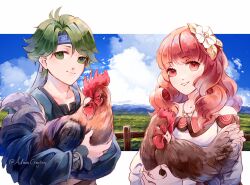 1boy 1girl alm_(fire_emblem) alm_(valentine)_(fire_emblem) bandana bird blue_bandana celica_(fire_emblem) celica_(valentine)_(fire_emblem) chicken couple creyton dress fence fire_emblem fire_emblem_echoes:_shadows_of_valentia fire_emblem_heroes flower grass green_eyes green_hair hair_flower hair_ornament hetero highres jewelry long_hair necklace nintendo official_alternate_costume orange_eyes orange_hair prince princess red_eyes red_hair short_hair sky white_dress