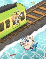 ! 1girl absurdres ahoge animal_ear_fluff animal_ears blonde_hair blue_overalls cat_ears crab dooby_(vtuber) fins fish_girl fish_tail gloves green_eyes highres indie_virtual_youtuber jerboa_tail kaniki_(sameko_saba) kappa kippu_(dooby) lifebuoy_hair_ornament long_hair low_twintails moon_ldl multicolored_hair overalls sameko_saba shirt short_hair sleeveless streaked_hair striped_overalls tail train twintails vertical-striped_overalls very_long_hair virtual_youtuber white_gloves white_shirt