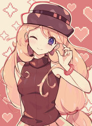 1girl ;) arm_behind_back arm_up black_sweater blonde_hair blush bracelet brown_hat closed_mouth fedora haru_(haruxxe) hat head_tilt heart heart_background highres jewelry long_hair looking_at_viewer low-tied_long_hair nintendo one_eye_closed pokemon pokemon_(anime) pokemon_journeys purple_eyes serena_(pokemon) sleeveless sleeveless_sweater smile solo sparkle sparkle_background sweater upper_body very_long_hair