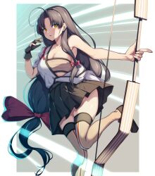 1girl ahoge bandeau black_hair black_hakama bow breasts brown_eyes brown_thighhighs creek_(moon-sky) gloves hachimaki hadanugi_dousa hair_bow hakama hakama_short_skirt hakama_skirt headband highres japanese_clothes kantai_collection kimono long_hair low-tied_long_hair medium_breasts open_clothes open_kimono parted_bangs partially_fingerless_gloves partly_fingerless_gloves red_bow shouhou_(kancolle) single_glove skirt solo thighhighs very_long_hair yugake