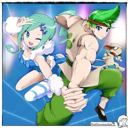 1boy 1girl absurdres blue_hair competition embarrassed flatpancakesjim gen_2_pokemon green_hair headband highres holding_hands lisia_(pokemon) multicolored_hair muscular muscular_male nintendo one_eye_closed one_leg_raised original paw_print performance pokemon pokemon_(creature) pokemon_oras ponytail simple_background skirt smeargle stage_lights two-tone_hair v wink