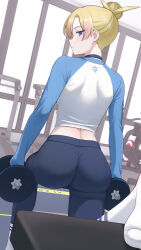 Rule 34 | 1girl, ass, blonde hair, blue leggings, blue shirt, closed mouth, expressionless, from behind, ghhoward, gym, hair bun, highres, kneeling, leggings, looking at viewer, looking back, original, pink eyes, shirt, short hair, socks, solo, treadmill, two-tone shirt, weights, white shirt, white socks