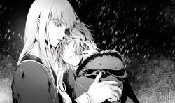 2boys blunt_bangs canute closed_eyes eyelashes fur_trim hand_on_another&#039;s_back hand_on_another&#039;s_head hug long_hair male_focus messy_hair monochrome multiple_boys prince rain sidelocks thorfinn viking vinland_saga yaoi yuxi_gyuan