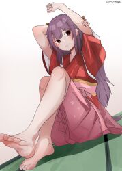 1girl arms_up barefoot bow brown_eyes commentary_request dutch_angle hair_bow hakama highres japanese_clothes kamikaze_(kancolle) kantai_collection kimono meiji_schoolgirl_uniform miron_(mirona33) one-hour_drawing_challenge pink_hakama purple_hair red_kimono simple_background solo tasuki tatami toes twitter_username white_background yellow_bow