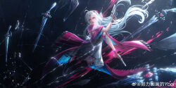 1girl absurdres ahoge black_boots black_gloves blue_eyes boots bow carlotta_(wuthering_waves) chinese_commentary closed_mouth commentary_request crack cracked_glass dress dual_wielding gloves gun hair_bow highres holding holding_gun holding_weapon jacket looking_at_viewer nuli_huahua_de_ybor parted_bangs pink_bow pink_jacket pink_thighhighs solo thigh_boots thighhighs thighhighs_under_boots thighs weapon white_dress wuthering_waves