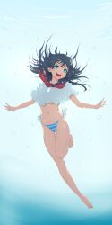 1girl :d absurdres air_bubble bikini bikini_bottom_only black_hair blue_bikini blue_eyes blue_sailor_collar breasts bubble commentary_request flower freediving full_body hair_flower hair_ornament highres long_hair looking_at_viewer medium_breasts musaki_(msaki666) navel neckerchief open_mouth red_neckerchief sailor_collar sakugawa_school_uniform saten_ruiko school_uniform serafuku shirt side-tie_bikini_bottom smile solo swimsuit toaru_kagaku_no_railgun toaru_majutsu_no_index underwater white_shirt
