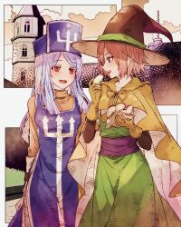 Rule 34 | 2girls, blue hair, blue tabard, bodysuit, breasts, brown bodysuit, brown eyes, brown hair, cape, commentary request, cowboy shot, dragon quest, dragon quest iii, dress, food, gloves, green dress, hat, highres, holding, holding food, light blush, long hair, looking at another, mage (dq3), medium breasts, mirrorclew, mitre, multiple girls, open mouth, parted bangs, priest (dq3), red eyes, short hair, smile, swept bangs, tabard, tower, witch, witch hat, yellow cape, yellow gloves