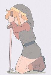 1boy bare_legs blonde_hair boots link male_focus nintendo pointy_ears simple_background sweatdrop sword the_legend_of_zelda tunic weapon yone_f15