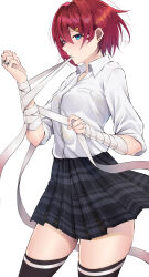 1girl alternate_costume ange_katrina applying_bandages aqua_eyes bandaged_arm bandages breasts commentary_request cowboy_shot ear_piercing earrings hair_between_eyes highres jewelry looking_at_viewer multiple_rings nijisanji piercing plaid_clothes plaid_skirt red_hair ring school_uniform shirt short_hair shunga_(shun608) skirt sleeves_rolled_up small_breasts solo stud_earrings thighhighs virtual_youtuber white_shirt zettai_ryouiki