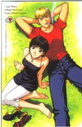 1boy 1girl barefoot blonde_hair brown_hair cigarette english_text fuyutsuki_azusa great_teacher_onizuka lowres onizuka_eikichi short_hair smile smoking text_focus
