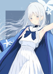 1girl absurdres armpits blue_archive blue_haori colored_eyelashes detached_sleeves grey_eyes hair_ornament halo haori highres japanese_clothes kurumi_kororin long_hair nagusa_(blue_archive) sailor_collar school_uniform serafuku shirt skirt sleeveless sleeveless_shirt snowflake_hair_ornament solo white_eyelashes white_halo white_sailor_collar white_serafuku white_skirt