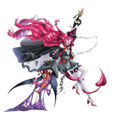 1girl :d absurdres arknights arm_cutout bare_shoulders black_ribbon blood braid bright_pupils broken broken_chain calicocat chain eyeball full_body hair_ribbon high_heels highres key keyhole long_hair long_sleeves looking_at_viewer mimic mimic_chest monster nymph_(arknights) open_mouth pantyhose pink_eyes pink_hair pink_tail pointy_ears red_shoes ribbon shoes simple_background smile solo tail teeth very_long_hair white_background white_pantyhose white_pupils