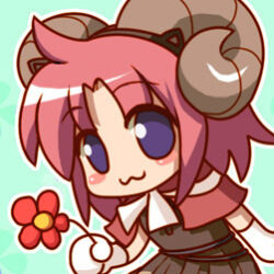 1girl 2000s_(style) :3 blue_background blush_stickers brown_dress brown_horns cape chibi chibi_only closed_mouth commentary_request creator_(ragnarok_online) dress feliciel flower gloves holding holding_flower horns looking_at_viewer lowres medium_hair pink_hair purple_eyes ragnarok_online red_cape red_flower smile solo upper_body white_gloves