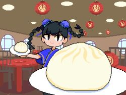 1girl animated animated_gif black_eyes black_hair black_pants blue_shirt braid bun_cover chinese_clothes double_bun food foreshortening hair_bun holding holding_plate indoors kawawagi lantern looping_animation original pants paper_lantern pixel_art plate restaurant shirt short_sleeves smile solo spinning steamed_bun twin_braids window