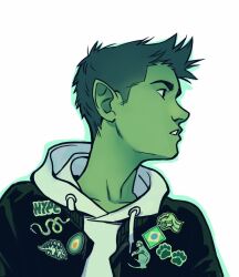 1boy avocado beast_boy_(dc) black_eyes brazilian_flag colored_skin dc_comics dinosaur dog_paws gabriel_picolo gabriel_picolo_(artist) green_hair green_skin monkey pointy_ears serious snake solo teen_titans white_background