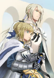 1boy 1girl armor armored_dress artoria_pendragon_(fate) bedivere_(fate) blonde_hair blue_cape blue_eyes breastplate bun_with_braided_base cape commentary_request dress dutch_angle excalibur_(fate/stay_night) expressionless fate/grand_order fate_(series) frown fur-trimmed_cape fur_trim gauntlets green_eyes hair_bun height_difference holding holding_sword holding_weapon low_twintails profile saber_(fate) single_hair_bun sword twintails weapon white_cape yuyu_fate