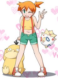 1girl ;d asymmetrical_hair bare_arms blush breasts crop_top denim denim_shorts eyelashes gen_1_pokemon gen_2_pokemon green_eyes green_shorts gym_leader hair_tie hand_up heart highres knees legs looking_at_viewer midriff misty_(pokemon) navel nintendo one_eye_closed open_mouth orange_hair pokemon pokemon_(anime) pokemon_(classic_anime) pokemon_rgby ponytail psyduck shirt shoes short_hair short_shorts shorts side_ponytail sleeveless sleeveless_shirt smile sneakers solo standing suspender_shorts suspenders tank_top togepi tongue v w wink yellow_shirt