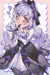 1girl absurdres artist_name black_dress black_pantyhose black_ribbon black_shoes breasts commentary dress drill_hair frilled_sleeves frills hair_ribbon hands_on_own_cheeks hands_on_own_face highres im_honeybread long_hair looking_at_viewer medium_breasts mole mole_under_eye pantyhose parted_lips pointy_ears purple_hair red_eyes ribbon shoes sitting solo twin_drills vivian_banshee wariza wavy_mouth zenless_zone_zero