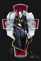 1boy absurdres artist_logo black_coat black_hair black_shoes chinese_commentary closed_eyes coat commentary_request cross gold_trim hand_on_own_stomach highres hood hood_down hooded_coat logo long_sleeves lying male_focus on_back saibou_shinkyoku shoes short_hair shuixing_zhushi_utopia solo stole thorns utsugi_noriyuki