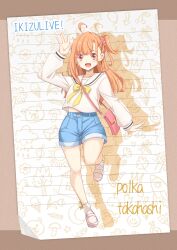 1girl :d \||/ ahoge arm_up bag blue_shorts blush border bow bow_legwear bowtie brown_background brown_border character_name copyright_name curtained_hair drop_shadow full_body handbag highres ikizulive!_love_live!_bluebird lined_paper loafers long_hair long_sleeves love_live! matsurugi_tsukasa midriff_peek one_side_up open_mouth orange_eyes orange_hair pink_bag sailor_collar shirt shoes short_shorts shorts sidelocks smile socks solo takahashi_polka thighs white_sailor_collar white_shirt white_shoes white_socks yellow_bow yellow_bowtie
