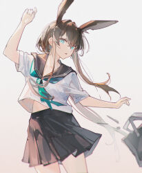 1girl :o alternate_costume amiya_(arknights) animal_ears aqua_eyes aqua_neckerchief arknights arm_up bag black_sailor_collar black_skirt brown_hair cowboy_shot film_grain hand_up highres long_hair long_sidelocks looking_at_viewer midriff_peek neckerchief openvl parted_lips ponytail rabbit_ears sailor_collar school_bag school_uniform serafuku short_sleeves sidelocks simple_background skirt solo straight-on very_long_hair white_background white_serafuku