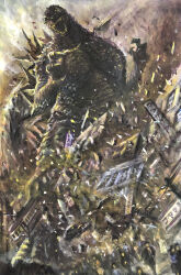 Rule 34 | absurdres, building, character request, city, claws, copyright request, crushing, destruction, fangs, g.n.a, giant, giant monster, godzilla, godzilla (minus one), godzilla (series), godzilla minus one, highres, kaiju, long tail, monster, open mouth, rubble, ruins, sharp teeth, smoke, spines, tail, teeth, toho