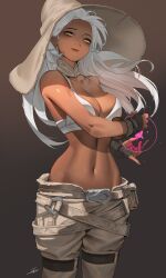 1girl absurdres bikini bikini_top_only black_gloves breasts cleavage closed_mouth collarbone commentary dark-skinned_female dark_skin english_commentary fingernails floating_hair gloves grey_background grey_hat grey_pants hat highres large_breasts large_hat lips long_hair looking_at_viewer magic midriff navel ori_dal original pants partially_fingerless_gloves pink_lips signature solo stomach swimsuit white_bikini white_hair witch witch_hat yellow_eyes