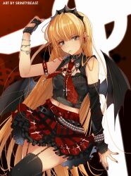 1girl animal_print bare_shoulders bat_wings black_gloves butterfly_print celtic_cross chain collar crop_top cross cross_necklace derivative_work detached_sleeves ear_piercing fingerless_gloves garter_straps gloves goth_fashion gothic_anime_angel_(suzuhira_hiro) heart highres jewelry large_cross long_hair looking_at_viewer miniskirt mouth_hold nail_polish navel necklace necktie orange_hair original piercing plaid_clothes plaid_skirt red_nails red_necktie safety_pin single_glove single_sleeve skirt solo spider_web_print srinitybeast thighhighs very_long_hair wings yellow_eyes
