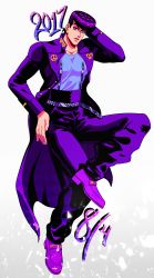 Rule 34 | 1boy, absurdres, blue eyes, diamond wa kudakenai, earrings, gakuran, heart, higashikata josuke, highres, jewelry, jojo no kimyou na bouken, male focus, peace symbol, pompadour, purple hair, purple theme, school uniform, solo, tariah furlow