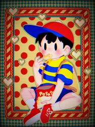 1boy bag black_hair blonde_hair blush child chips_(food) eating elementary_schoolboy food hat legs mother_(series) mother_2 mrsksigure ness_(mother_2) nintendo potato_chips shirt shoes shorts shota socks super_smash_bros.