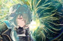 1boy absurdres anaxa_(honkai:_star_rail) aqua_hair black_jacket blue_eyes closed_mouth eyepatch fingerless_gloves gloves head_rest highres holylamentation honkai:_star_rail honkai_(series) jacket looking_to_the_side male_focus medium_hair one_eye_covered pink_pupils side_ponytail solo upper_body
