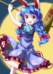 1girl :d animal_ears blue_hair bow braid crescent_moon_print dress earclip eyes_visible_through_hair female_focus frilled_dress frills full_moon hair_between_eyes hair_bow highres kine long_hair looking_at_viewer mallet moon open_mouth puffy_short_sleeves puffy_sleeves purple_dress rabbit_ears red_eyes round_teeth ruu_(tksymkw) seiran_(touhou) short_sleeves smile solo star_(symbol) star_print teeth touhou twin_braids